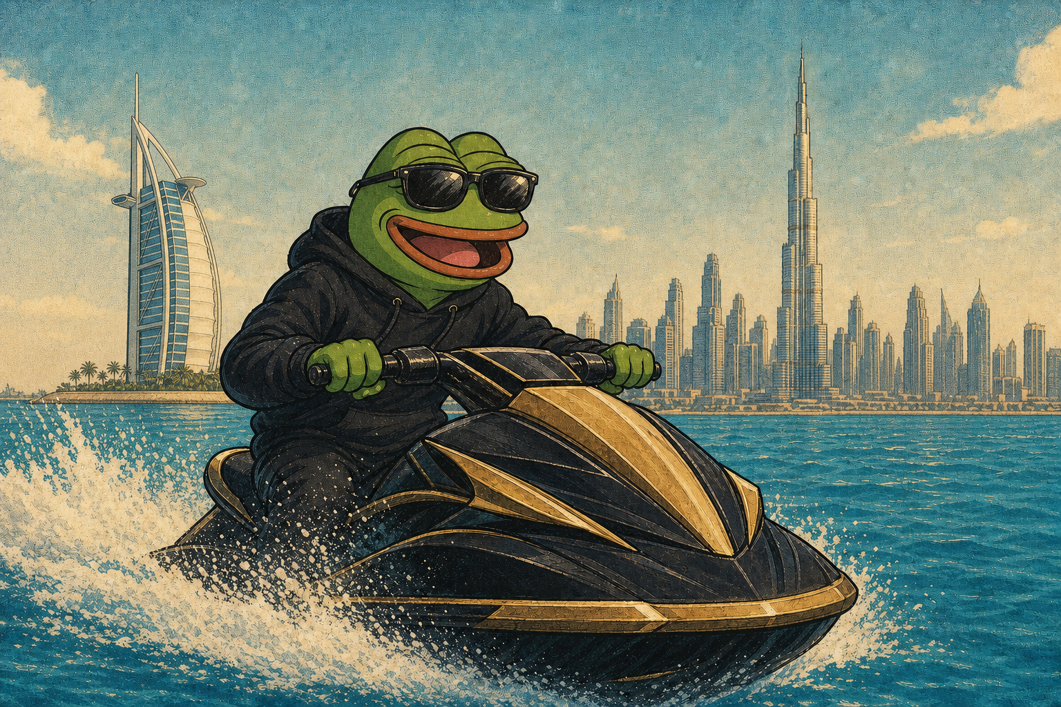 Счастливый Пепе на гидроцикле у Burj Al Arab и Бурдж-Халифы